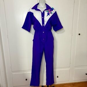 Vintage 80s Purple Lightweight Utility Collared Embroidered Jumpsuit